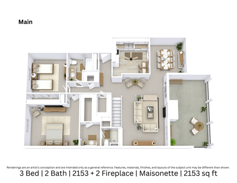 3D floor plan showing an angled view of a 3-bedroom, 2-bath Maisonette featuring 2 fireplaces, furniture arrangement, and room flow across 2,153 Sq. Ft.